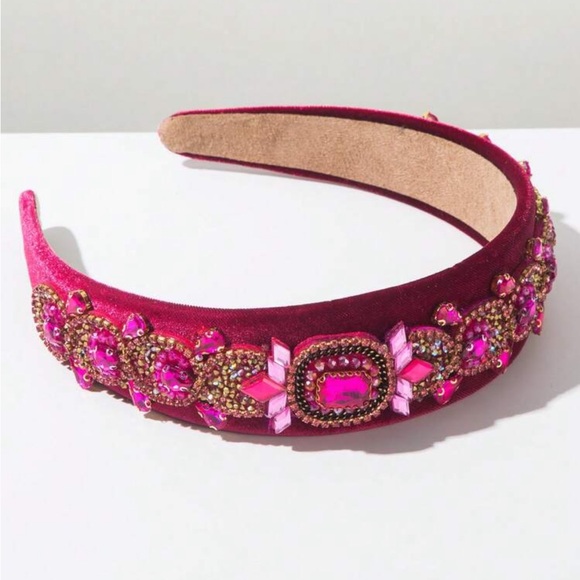 Hot Pink Velvet Retro Valentine's Day Headband, Baroque Gemstone Decor - Picture 3 of 9